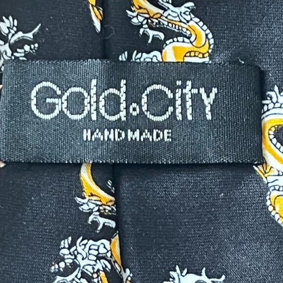 💕2/$30💕Gold City 100% Silk Black With Yellow Dragons Tie - Picture 5 of 6